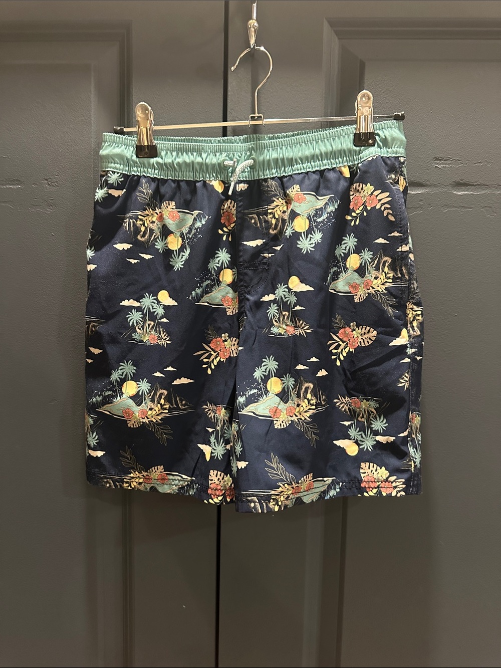wonder nation Navy Tropical Island Swim Trunks with Mint Waistband